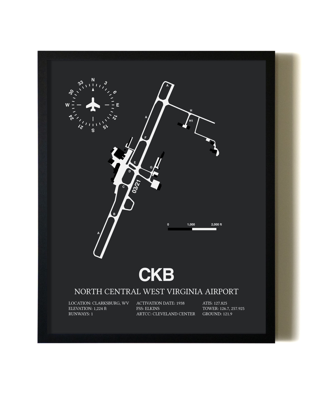 Unframed North Central West Virginia Airport map print poster