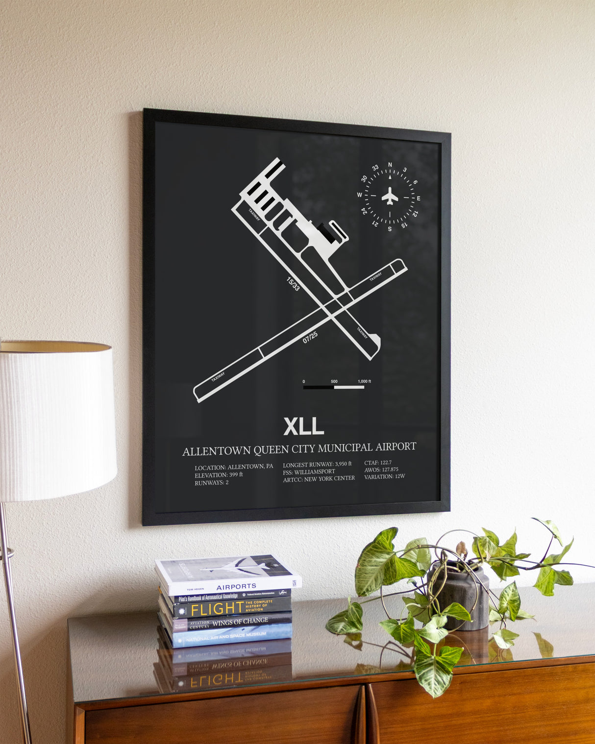 Gray Framed Allentown Queen City Municipal Airport wall art poster in black frame