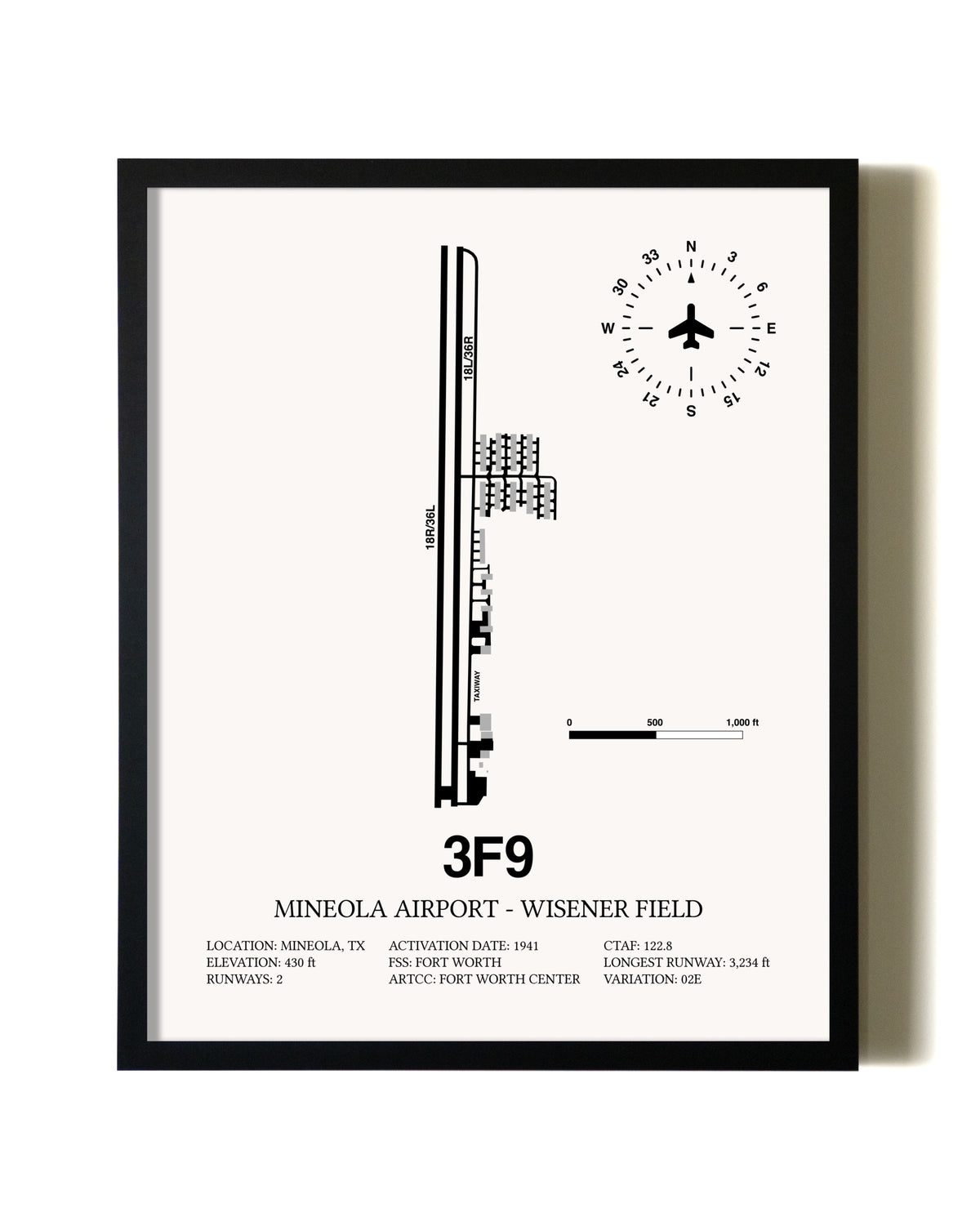 Framed Mineola Airport - Wisener Field wall art poster in black frame