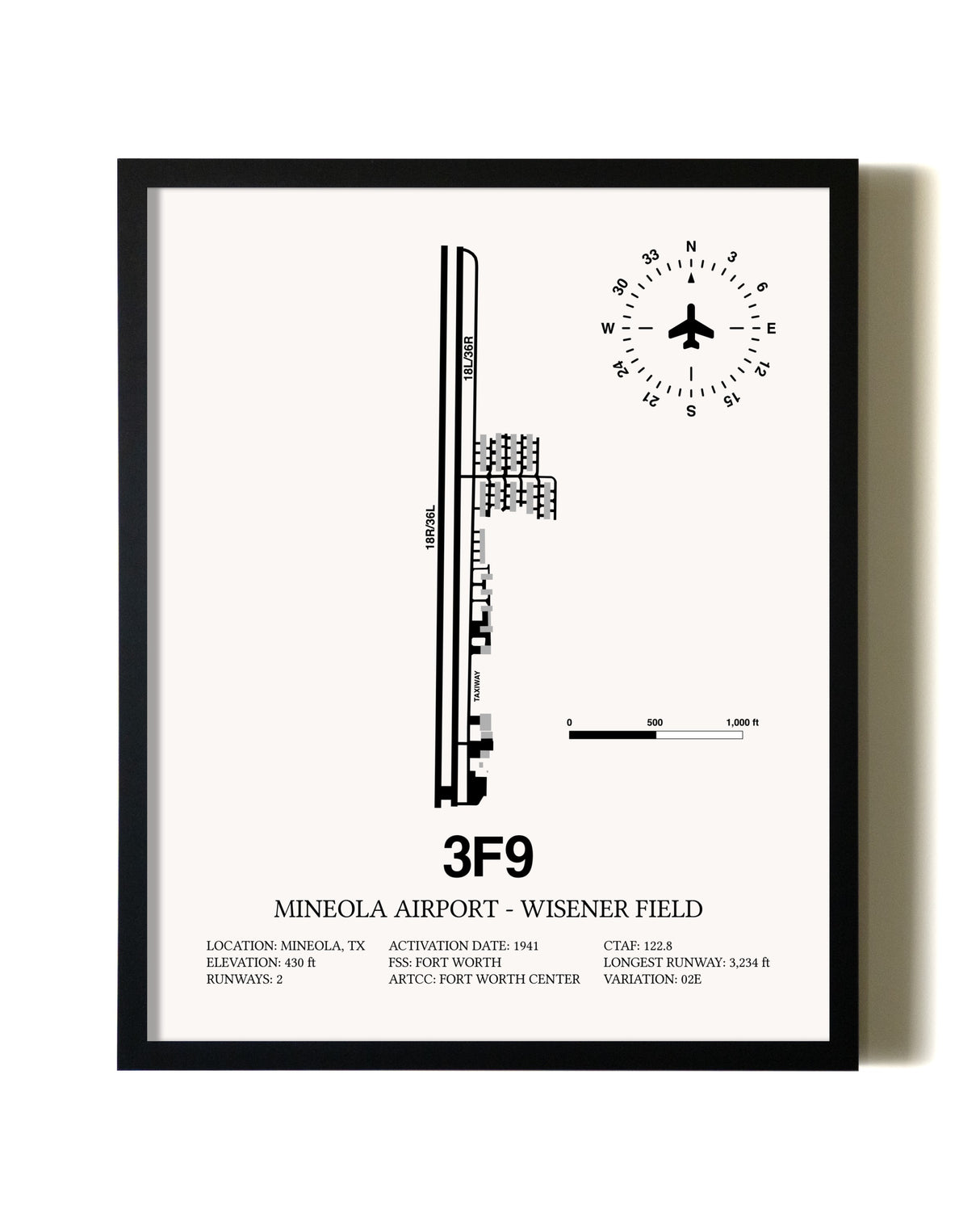 Framed Mineola Airport - Wisener Field wall art poster in black frame