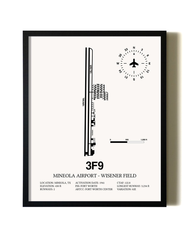 Framed Mineola Airport - Wisener Field wall art poster in black frame