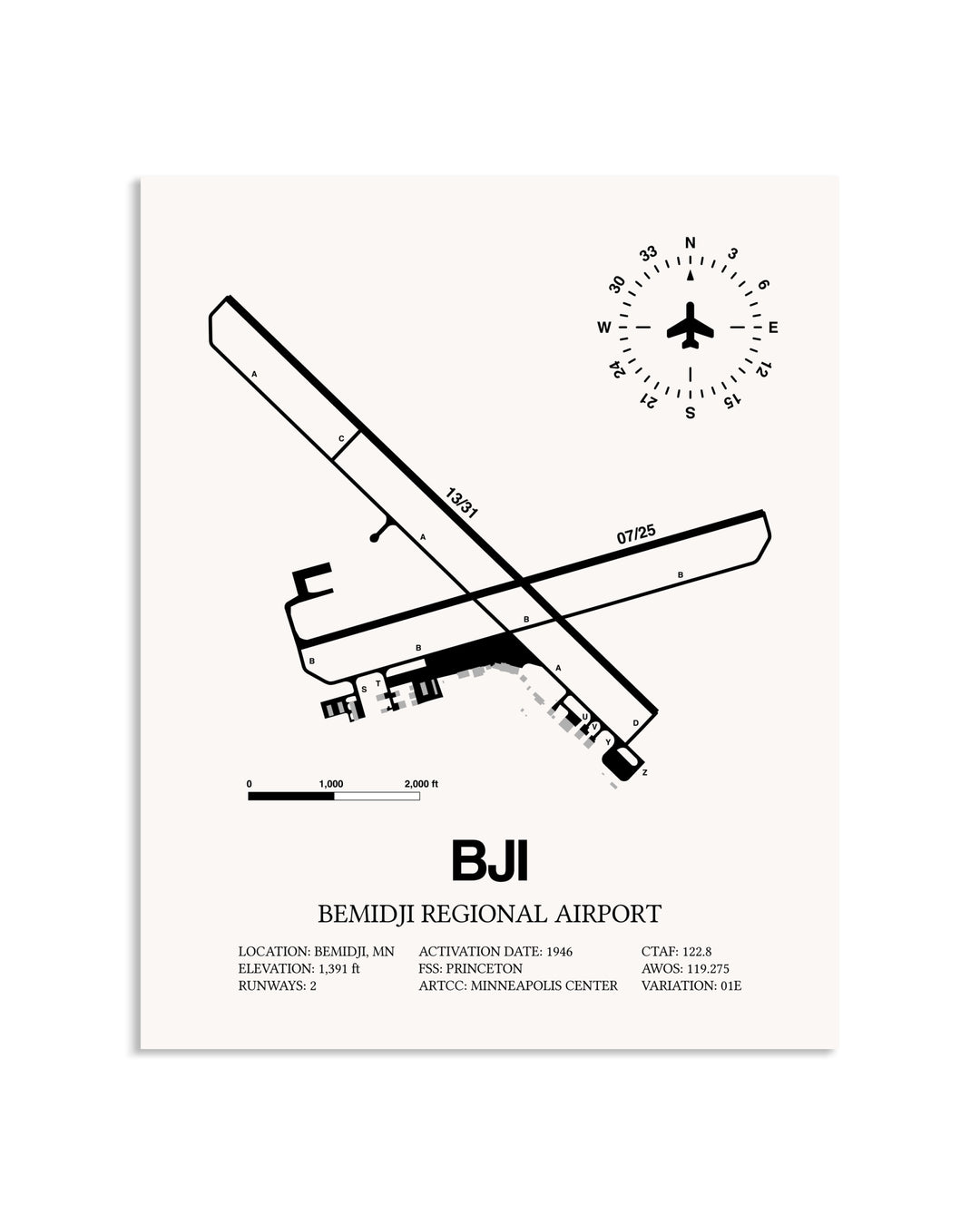 Gray Bemidji Regional Airport framed poster displayed in an airplane hangar
