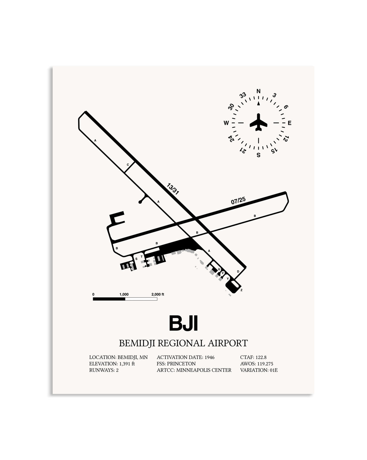Gray Bemidji Regional Airport framed poster displayed in an airplane hangar