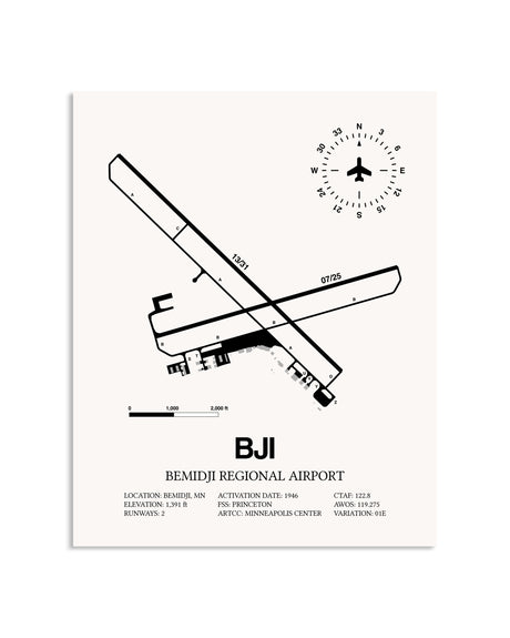 Gray Bemidji Regional Airport framed poster displayed in an airplane hangar