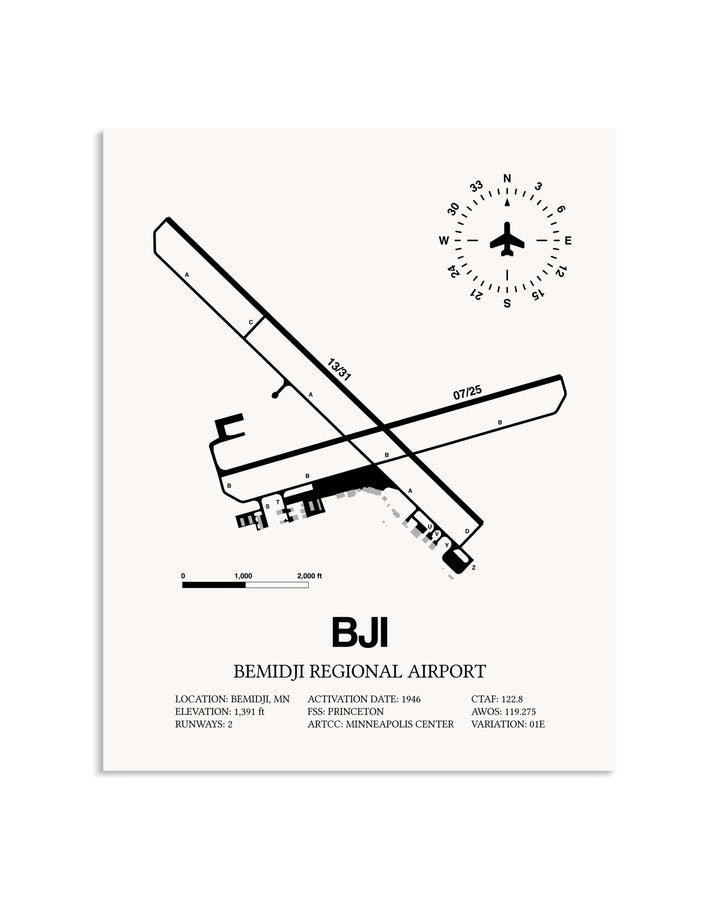 Gray Bemidji Regional Airport framed poster displayed in an airplane hangar
