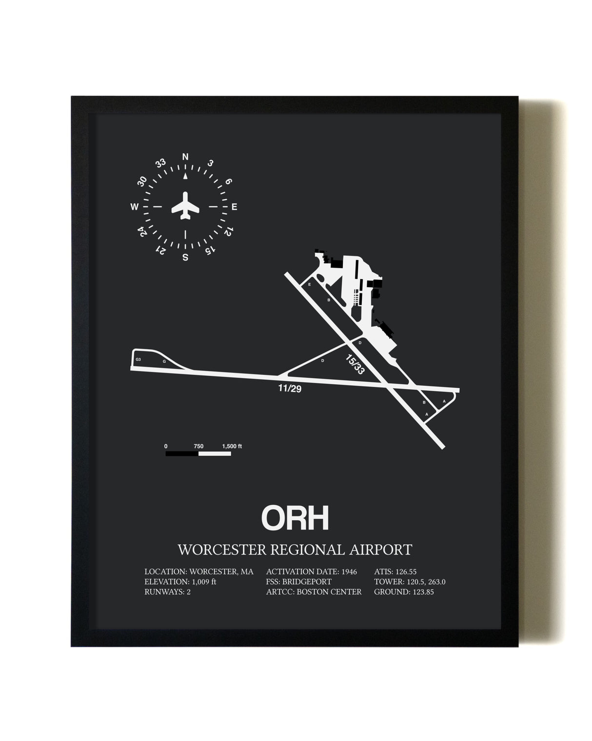 Unframed Worcester Regional Airport map print poster