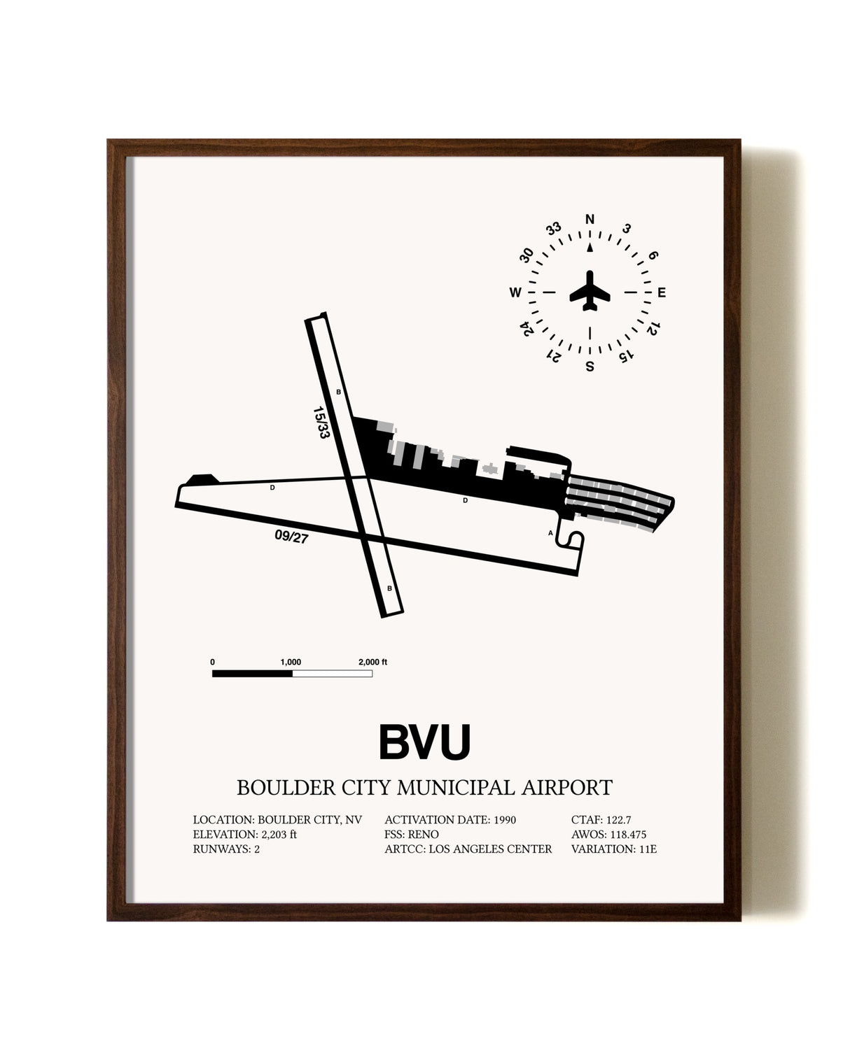 Boulder City Municipal Airport aviation print in walnut frame