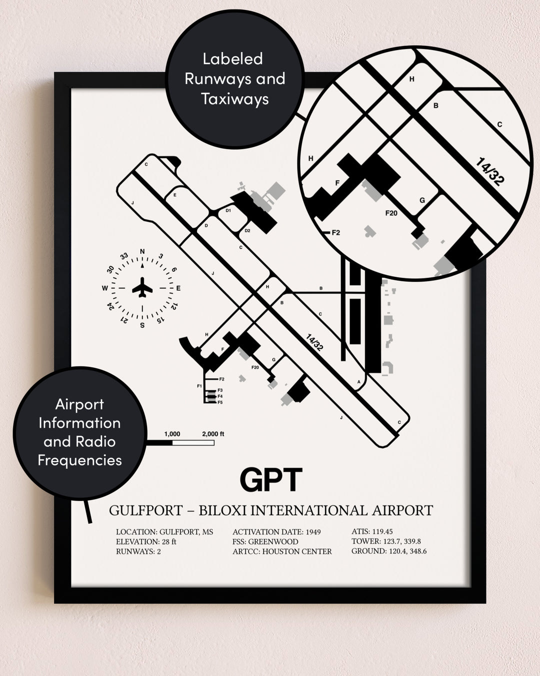 Framed Gulfport-Biloxi International Airport layout wall art poster