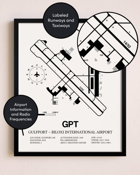 Framed Gulfport-Biloxi International Airport layout wall art poster