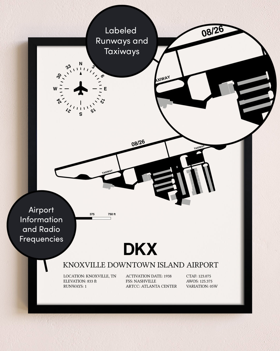 Framed Knoxville Downtown Island Airport layout wall art poster