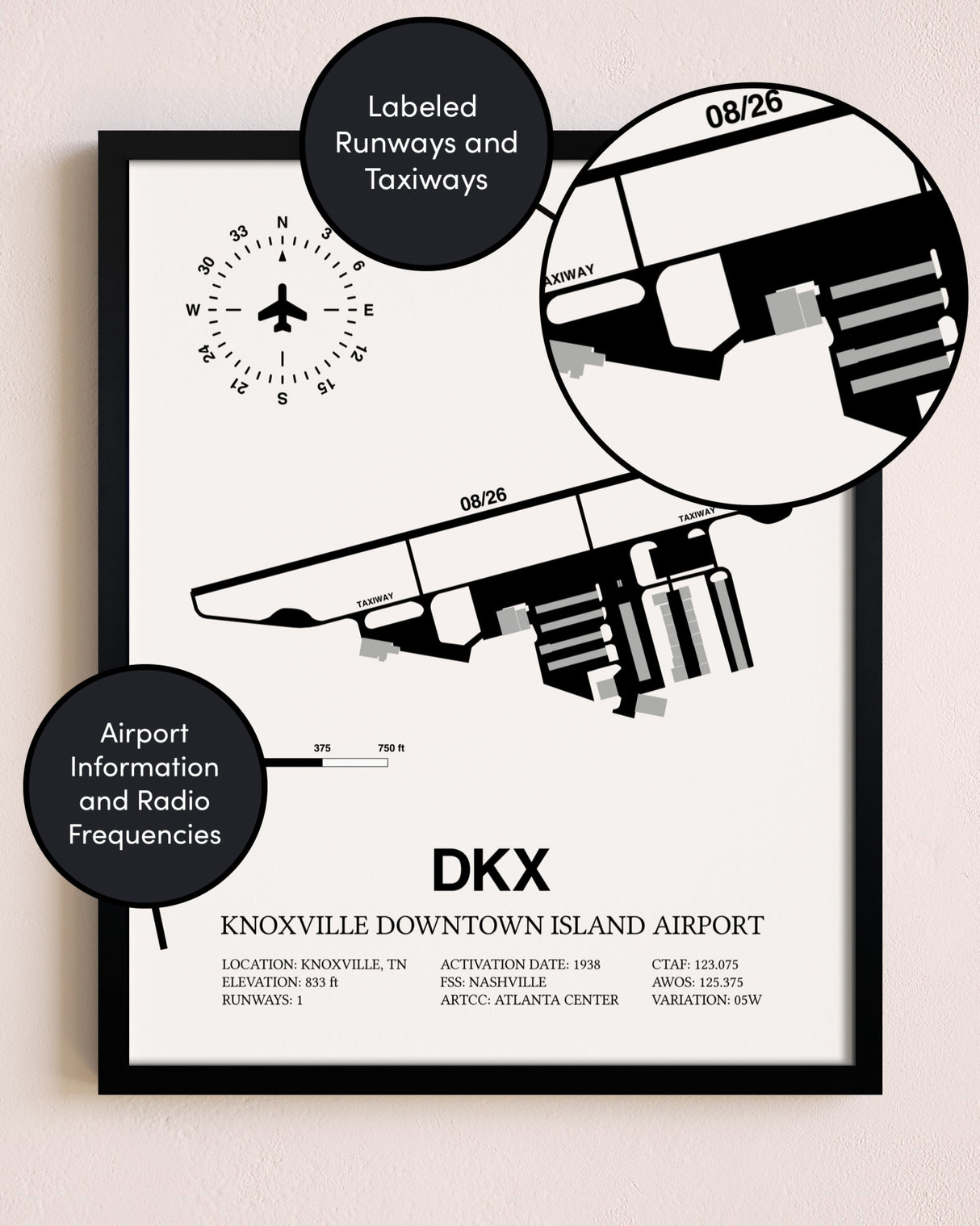 Framed Knoxville Downtown Island Airport layout wall art poster