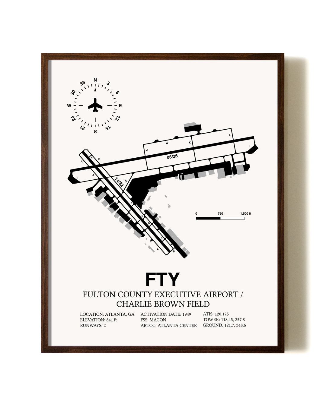 Fulton County Executive Airport / Charlie Brown Field aviation print in walnut frame