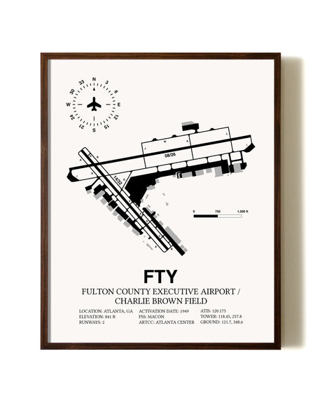 Fulton County Executive Airport / Charlie Brown Field aviation print in walnut frame