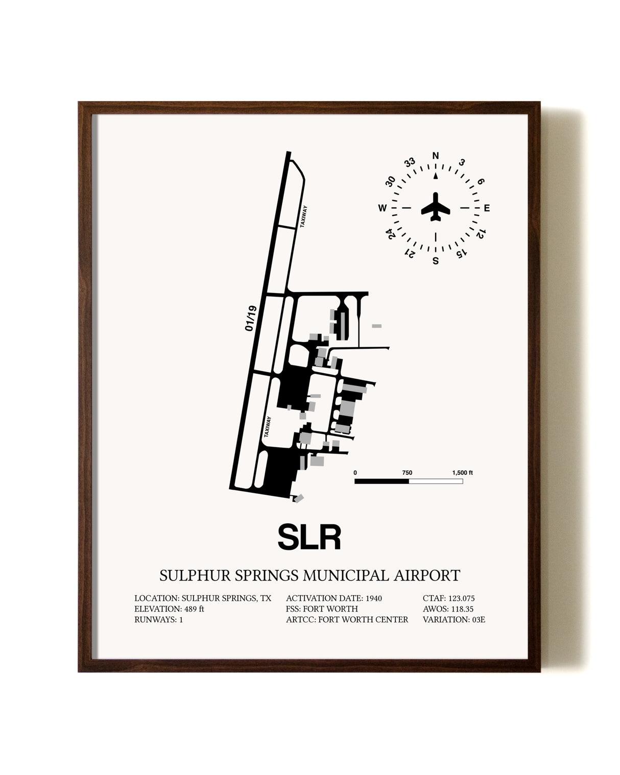 Sulphur Springs Municipal Airport aviation print in walnut frame