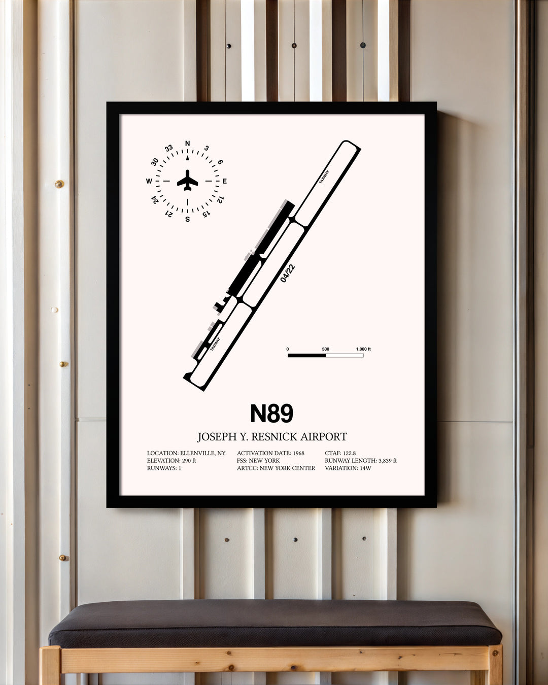Joseph Y. Resnick Airport framed poster displayed in an airplane hangar
