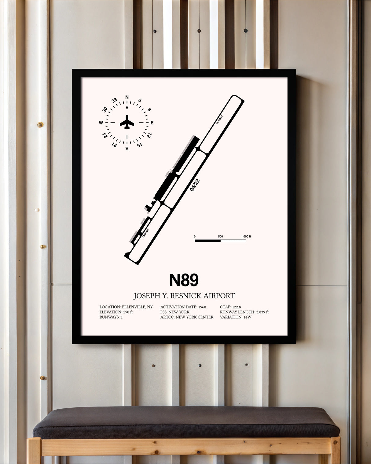 Joseph Y. Resnick Airport framed poster displayed in an airplane hangar