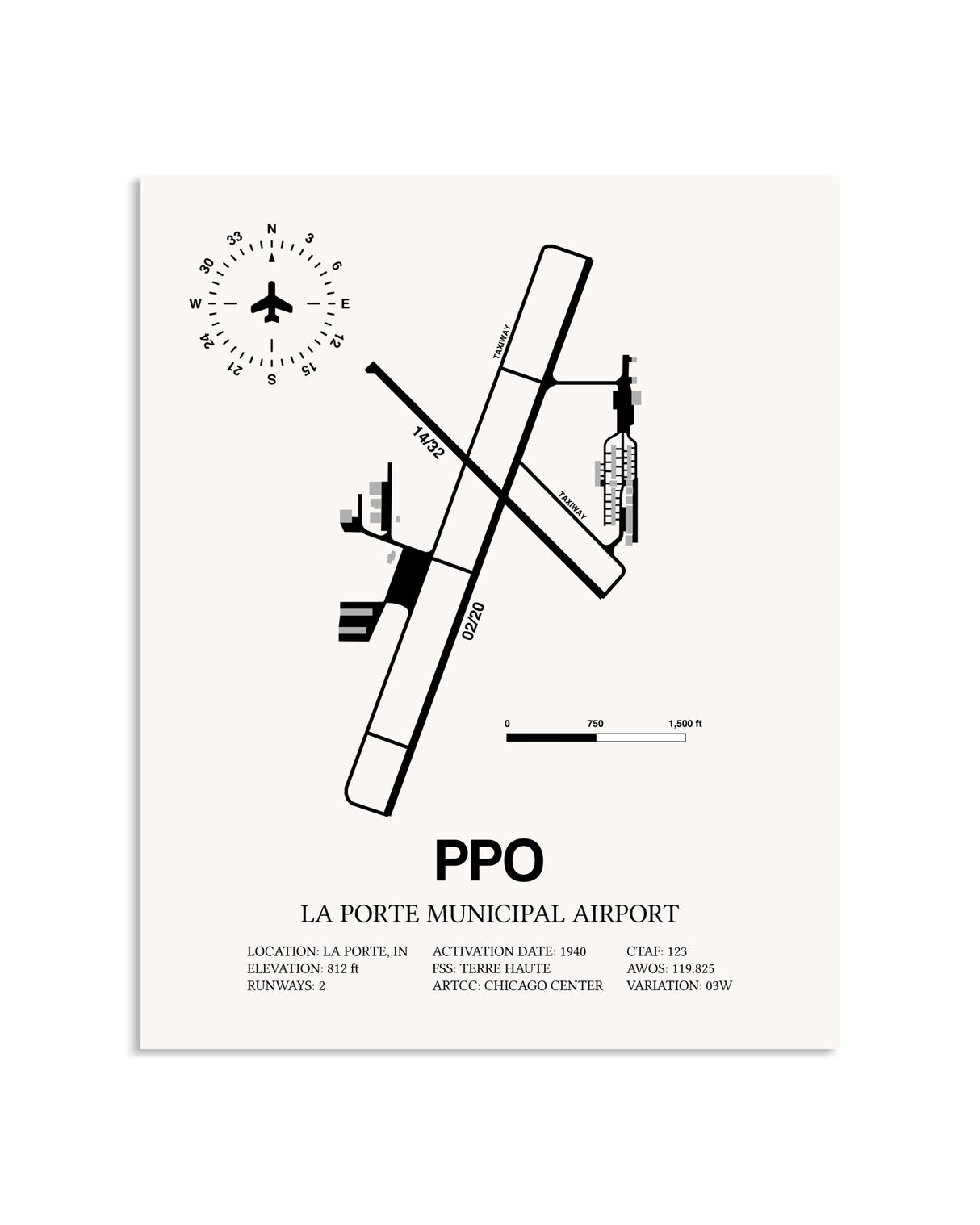 Gray La Porte Municipal Airport framed poster displayed in an airplane hangar