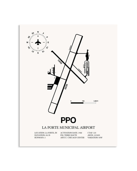 Gray La Porte Municipal Airport framed poster displayed in an airplane hangar