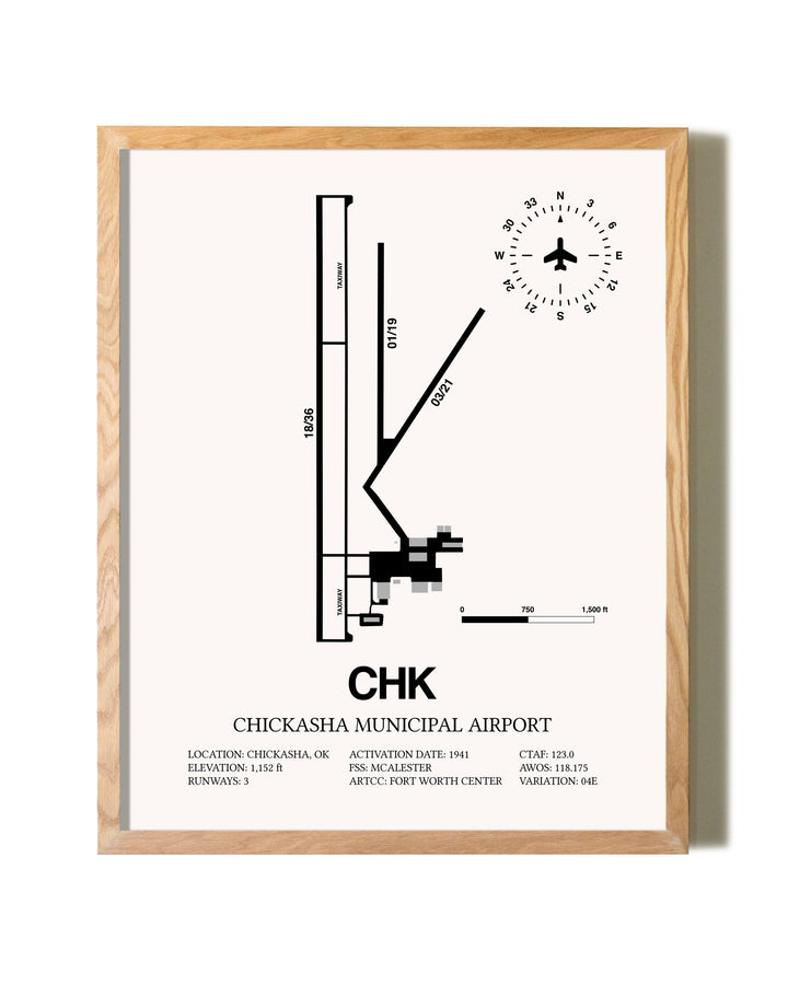Chickasha Municipal Airport framed print in natural wood frame