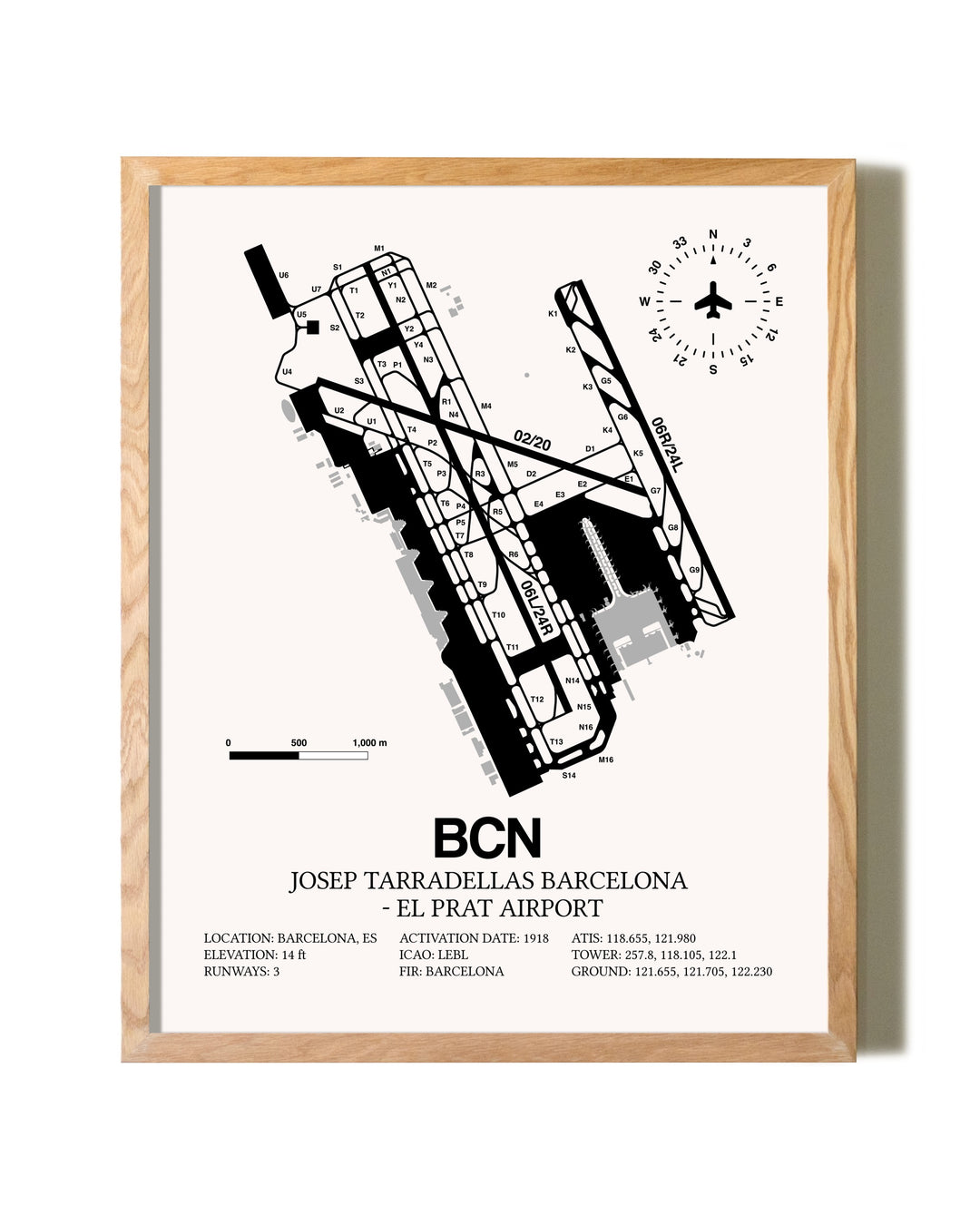 Josep Tarradellas Barcelona-El Prat Airport framed print in natural wood frame