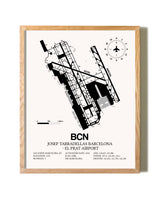Josep Tarradellas Barcelona-El Prat Airport framed print in natural wood frame