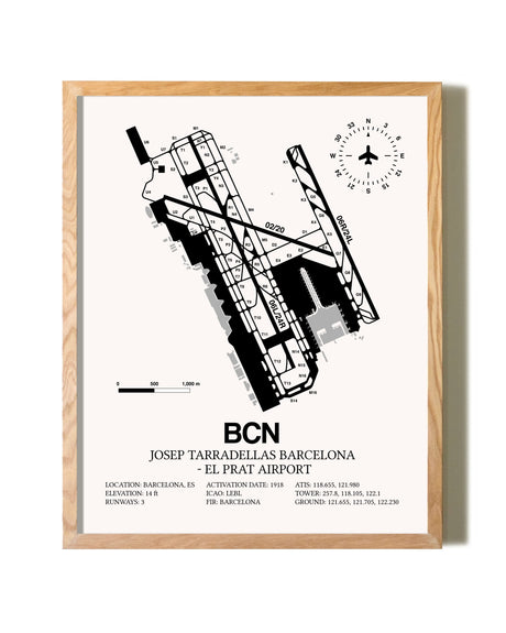 Josep Tarradellas Barcelona-El Prat Airport framed print in natural wood frame