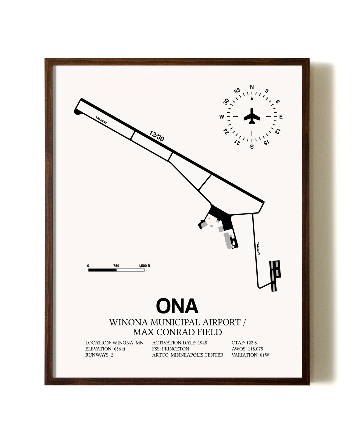 Winona Municipal Airport / Max Conrad Field aviation print in walnut frame