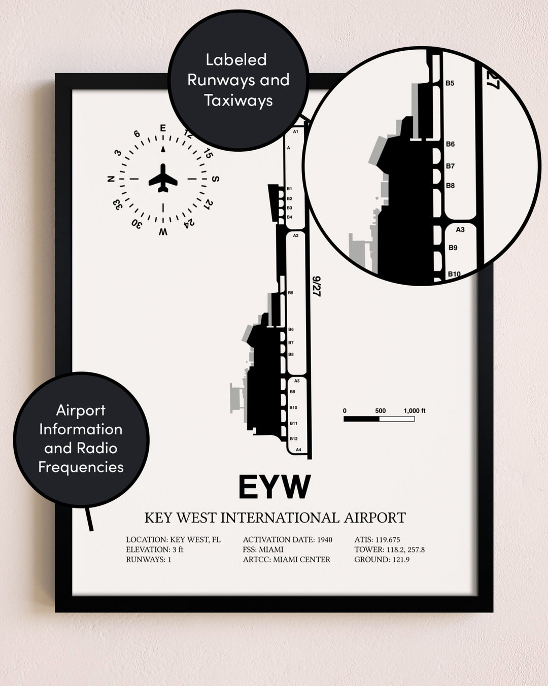 Framed Key West International Airport layout wall art poster