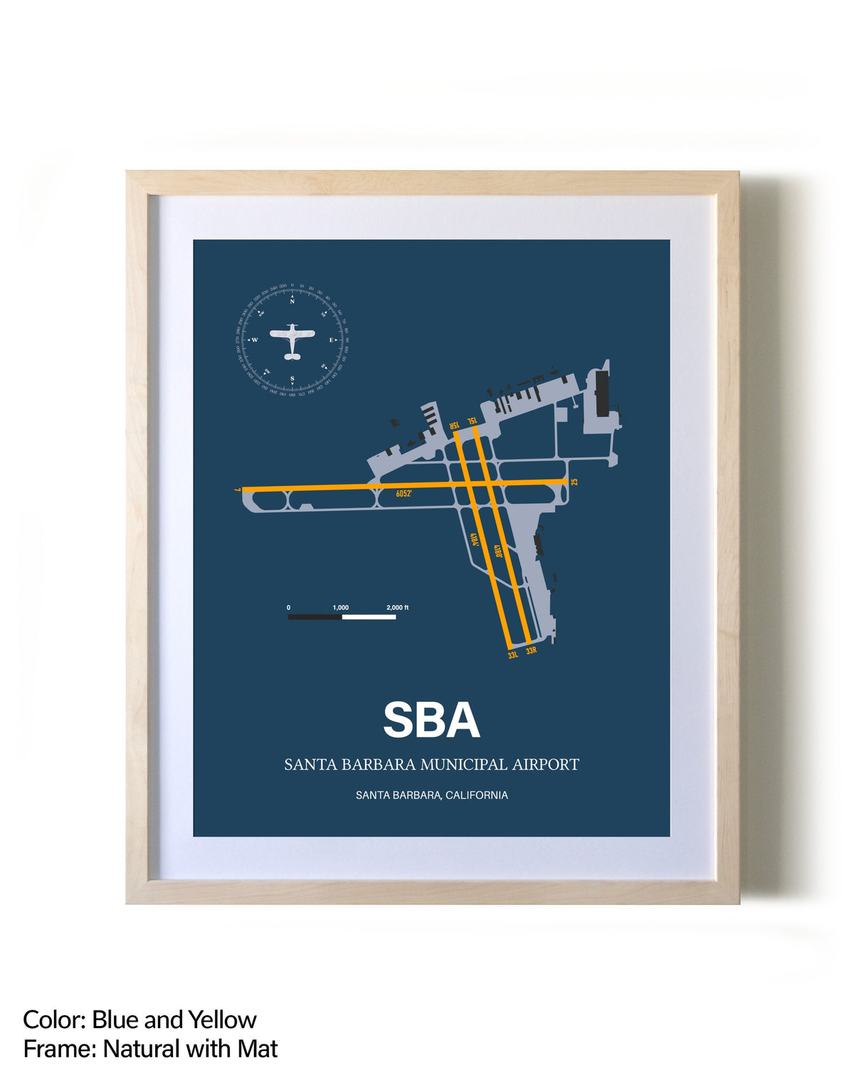 Santa Barbara Municipal Airport framed print in natural wood frame with mat