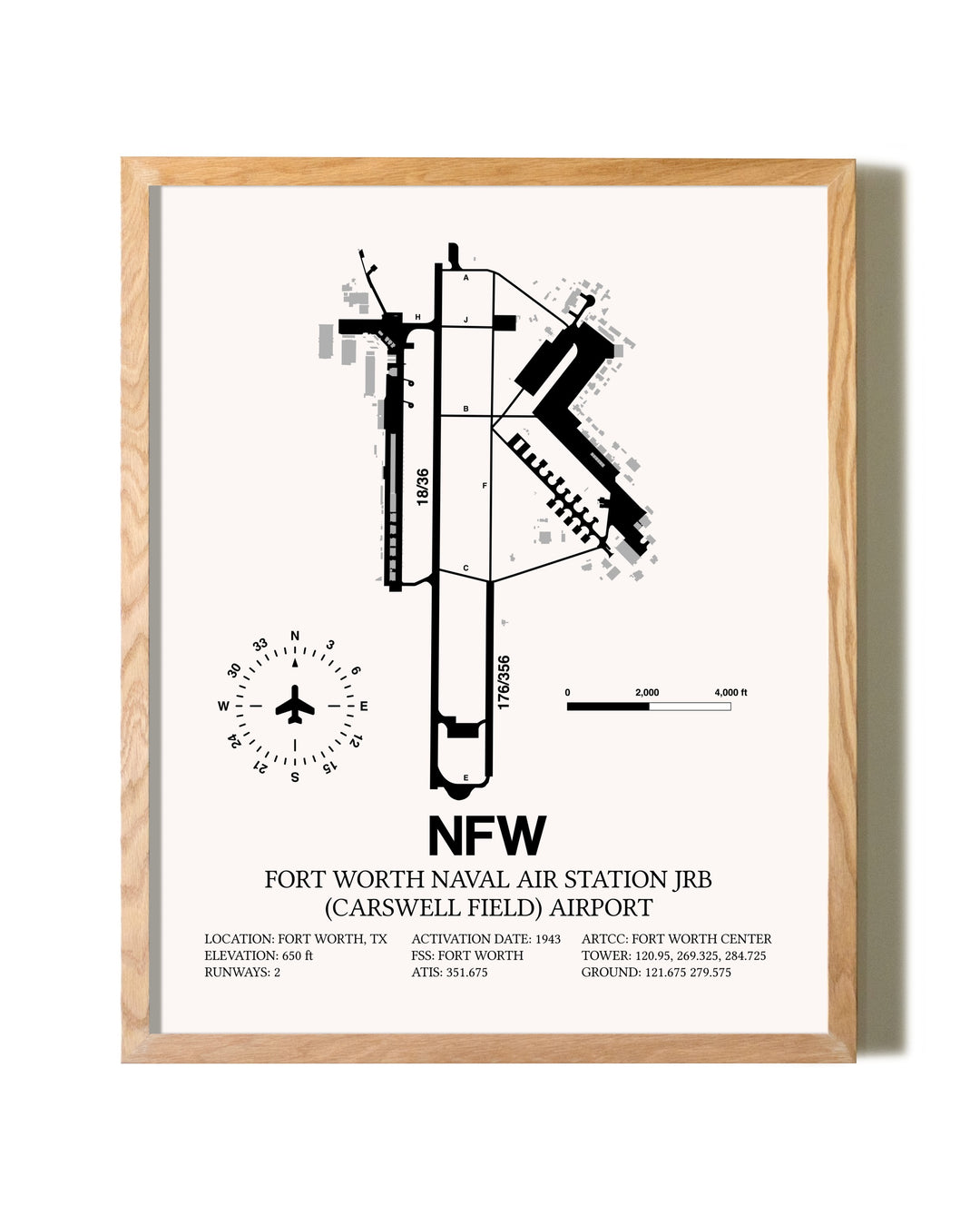 Fort Worth Naval Air Station JRB (Carswell Field) Airport framed print in natural wood frame