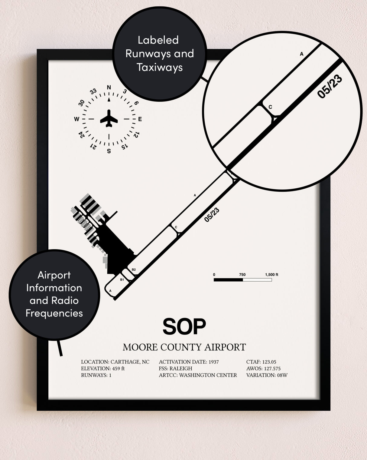 Framed Moore County Airport layout wall art poster