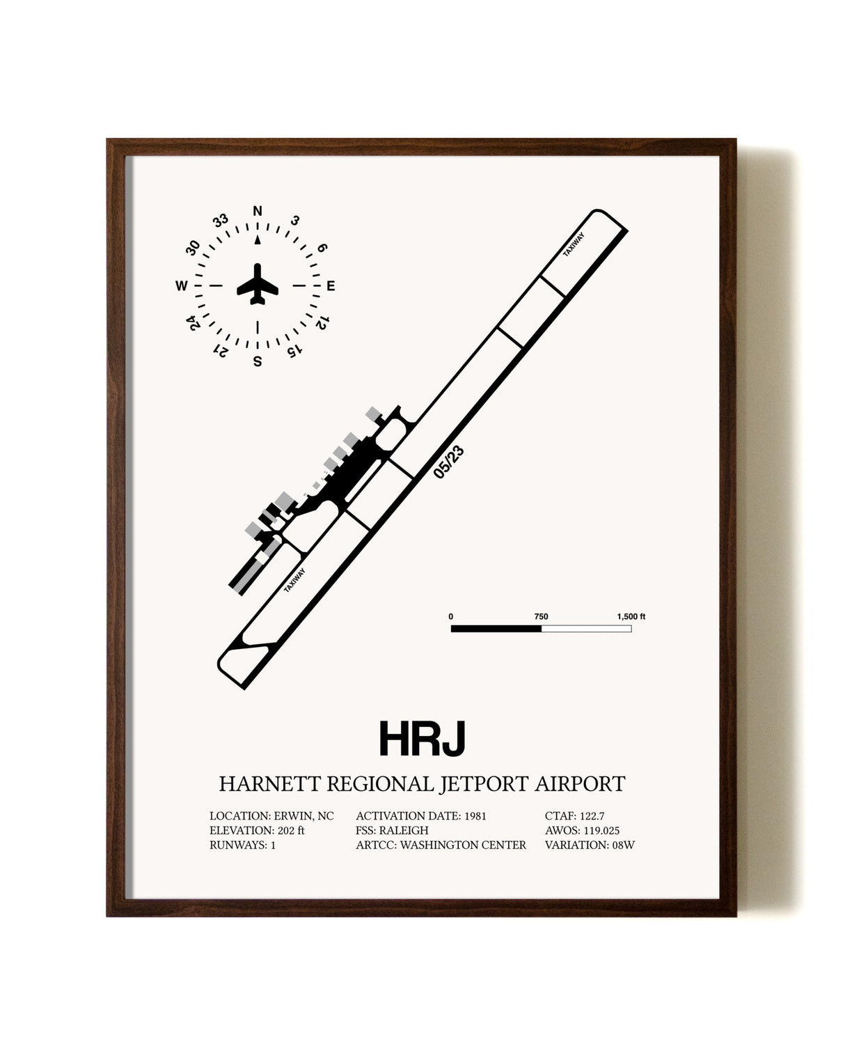 Harnett Regional Jetport Airport aviation print in walnut frame