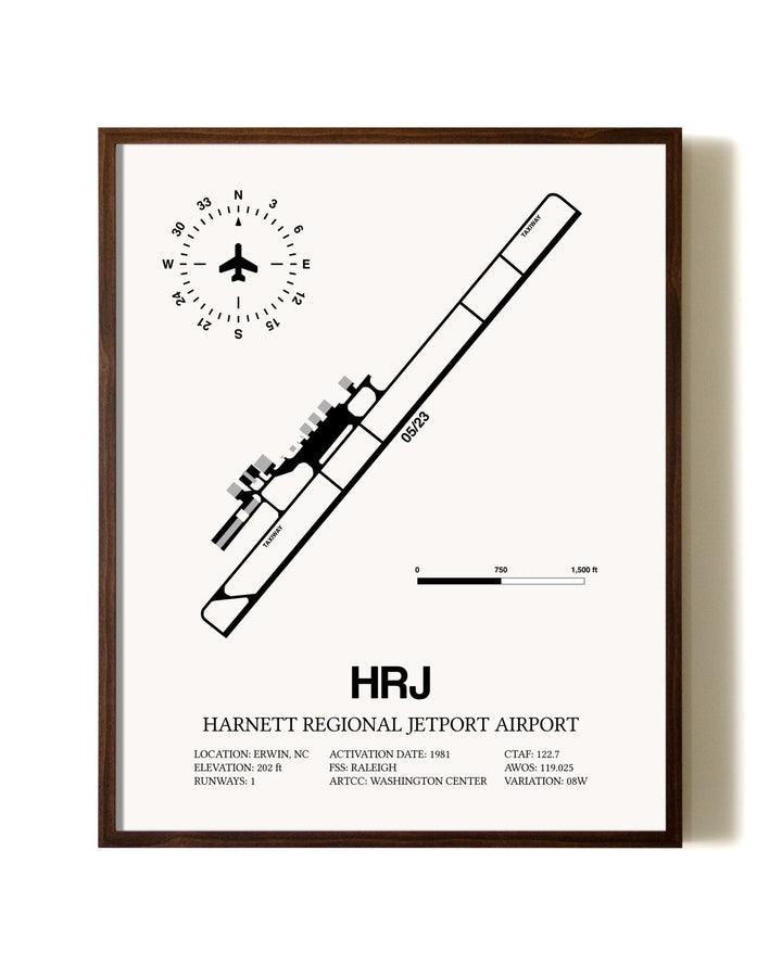 Harnett Regional Jetport Airport aviation print in walnut frame