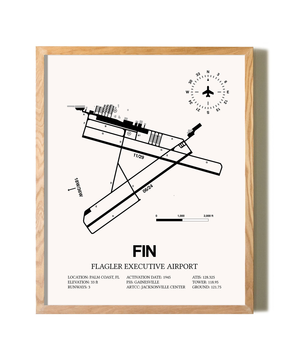Flagler Executive Airport framed print in natural wood frame
