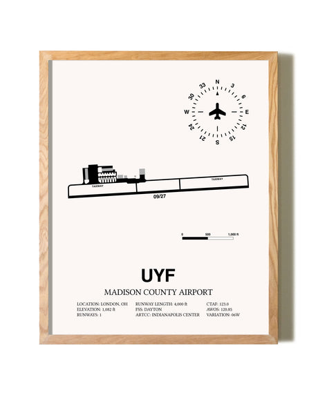Madison County Airport framed print in natural wood frame