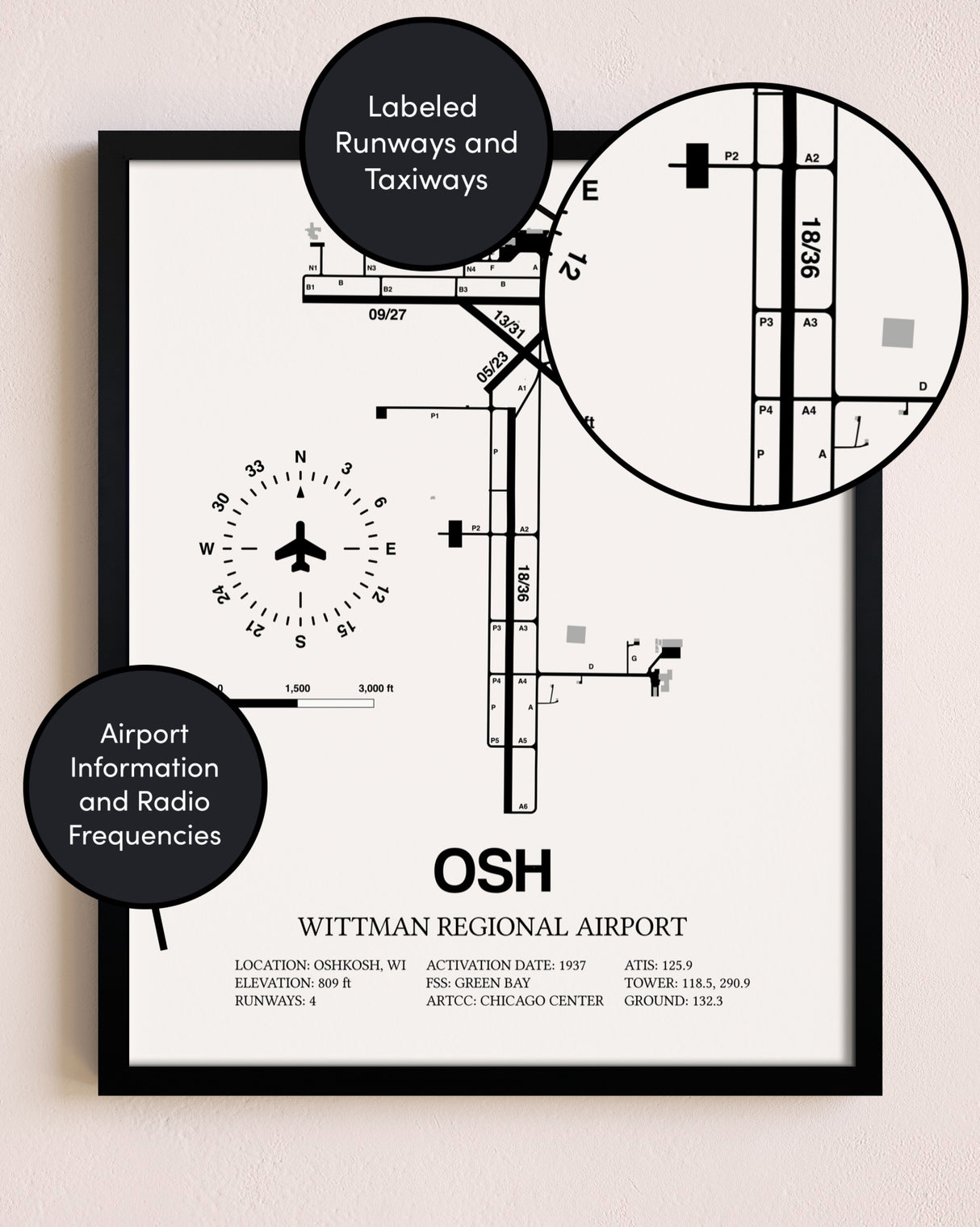 Framed Wittman Regional Airport layout wall art poster