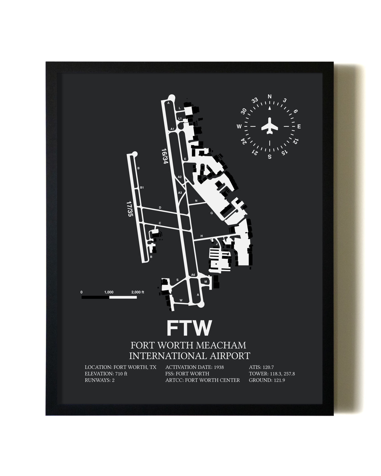 Unframed Fort Worth Meacham International Airport map print poster