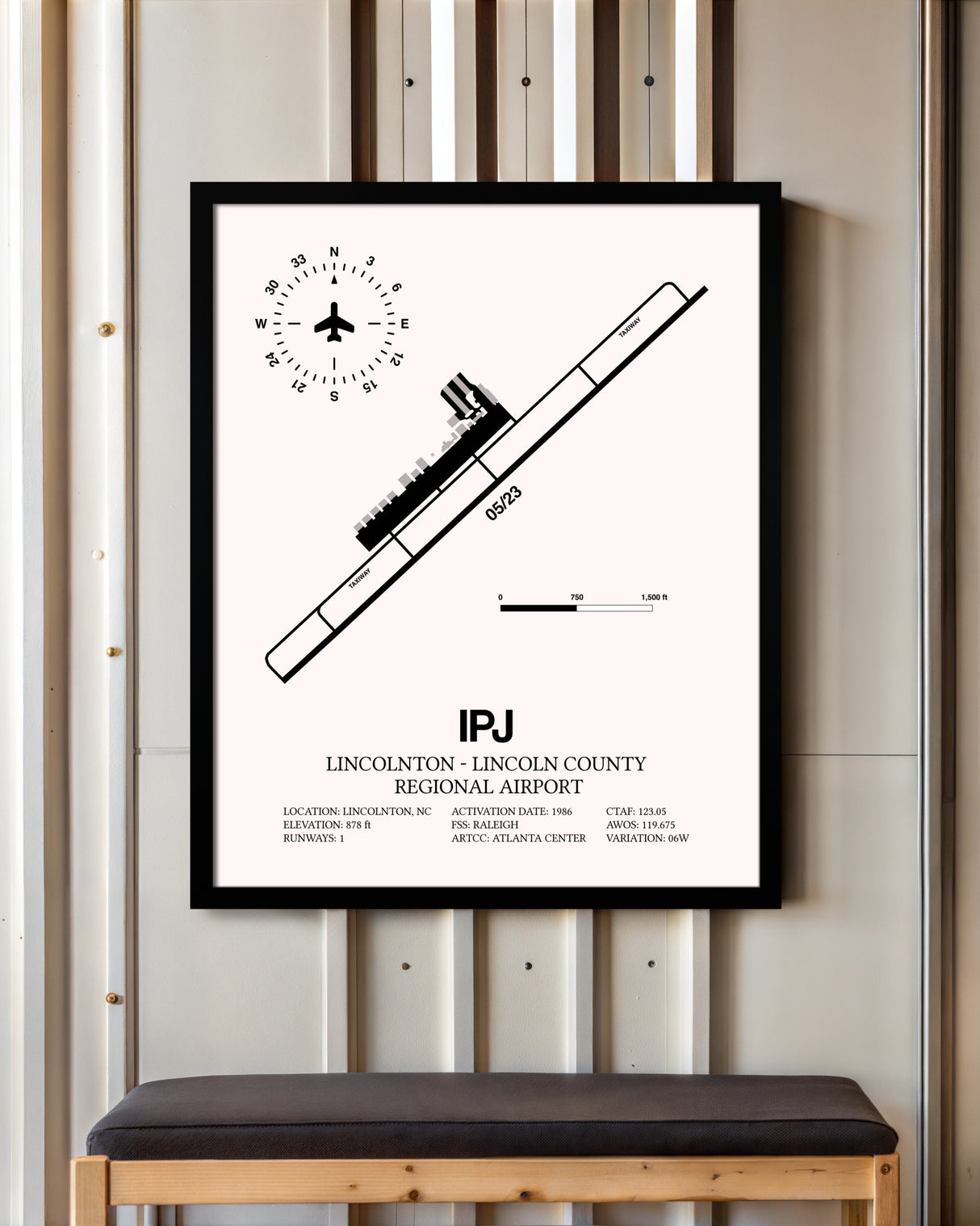 Lincolnton-Lincoln County Regional Airport framed poster displayed in an airplane hangar