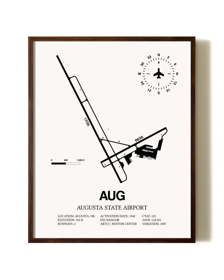 Augusta State Airport aviation print in walnut frame