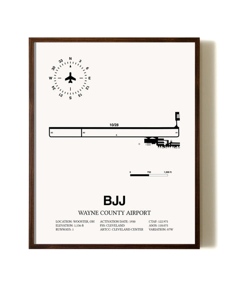 Wayne County Airport aviation print in walnut frame