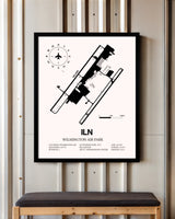 Wilmington Air Park framed poster displayed in an airplane hangar