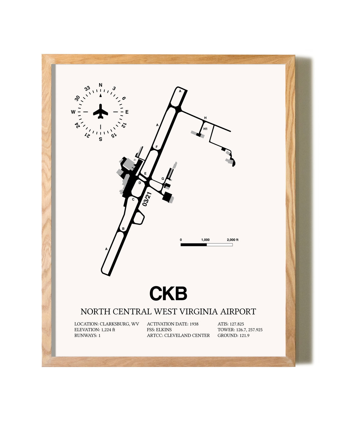 North Central West Virginia Airport framed print in natural wood frame