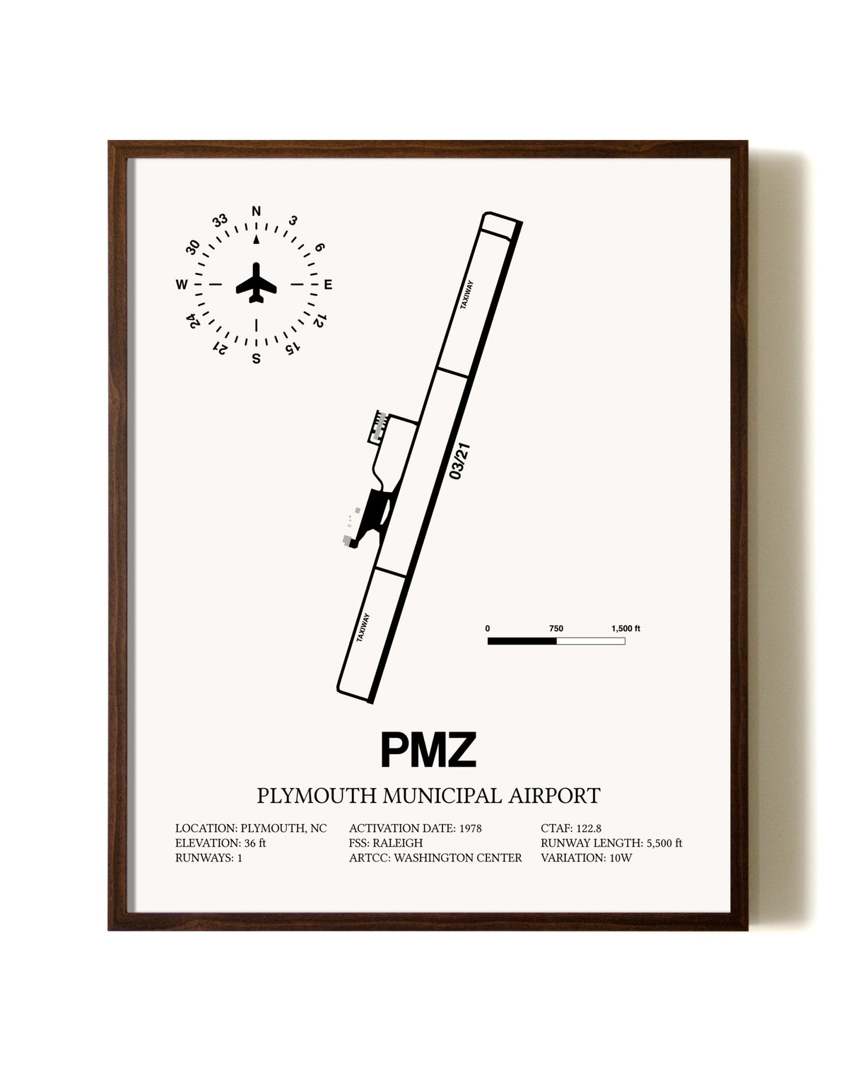 Plymouth Municipal Airport aviation print in walnut frame