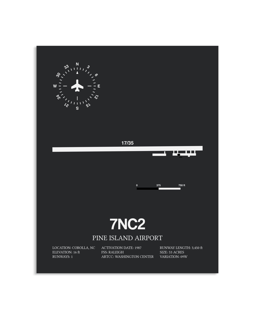 Gray Framed Pine Island Airport layout wall art poster