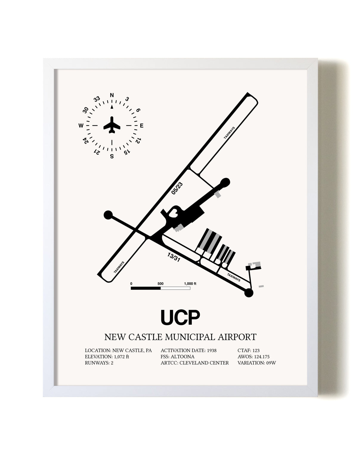 New Castle Municipal Airport airport map poster in oak frame
