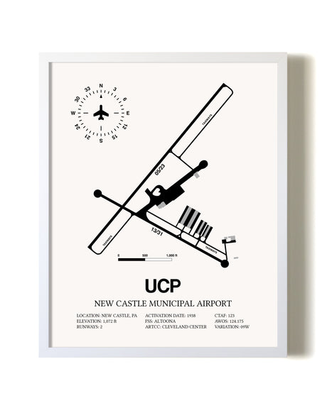 New Castle Municipal Airport airport map poster in oak frame