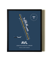 Blue and Yellow Framed Asheville Regional Airport wall art poster in black frame