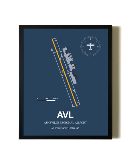 Blue and Yellow Framed Asheville Regional Airport wall art poster in black frame