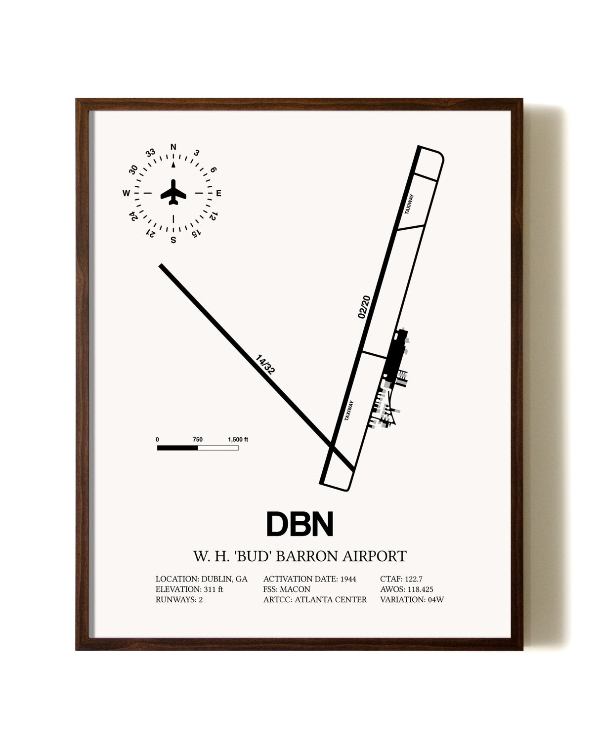 W H 'Bud' Barron Airport aviation print in walnut frame