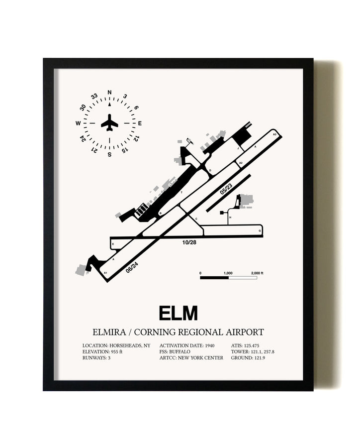 Framed Elmira / Corning Regional Airport wall art poster in black frame